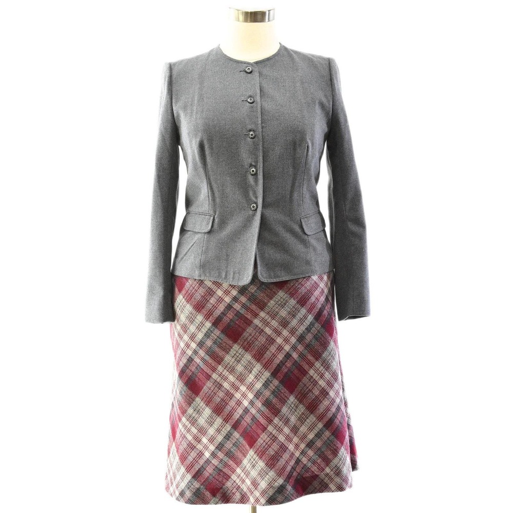 Vintage Burgundy Plaid Skirt Suit Set Womens M 70s Gray Collarless Levis Blazer - Picture 4 of 5
